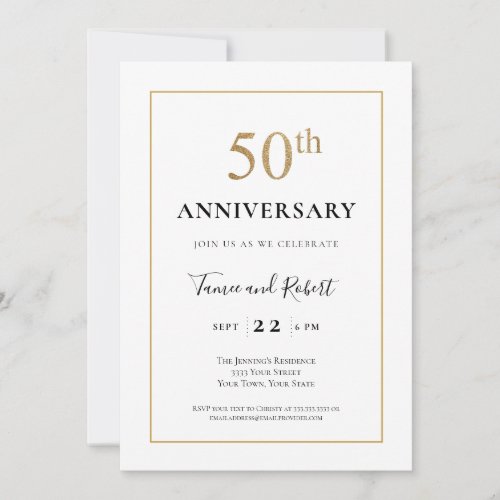 Elegant Black White Gold 50th Wedding Anniversary  Invitation