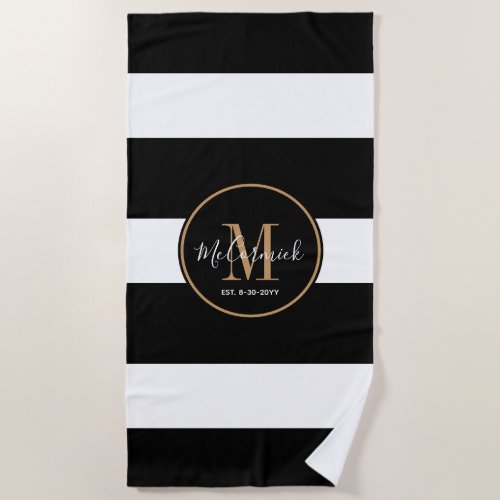 Elegant Black White Gold Anniversary Couples Name Beach Towel