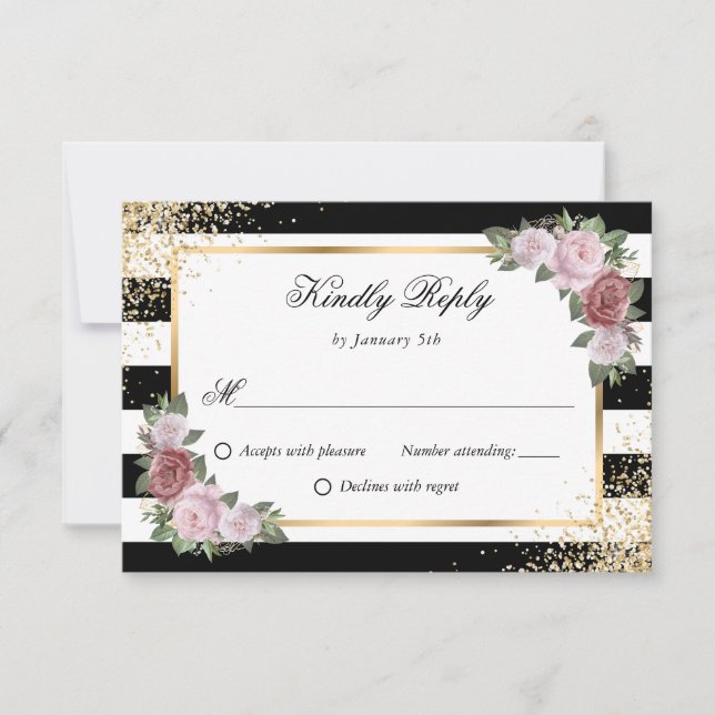 Elegant Black White Gold Blush Floral Wedding RSVP Card (Front)