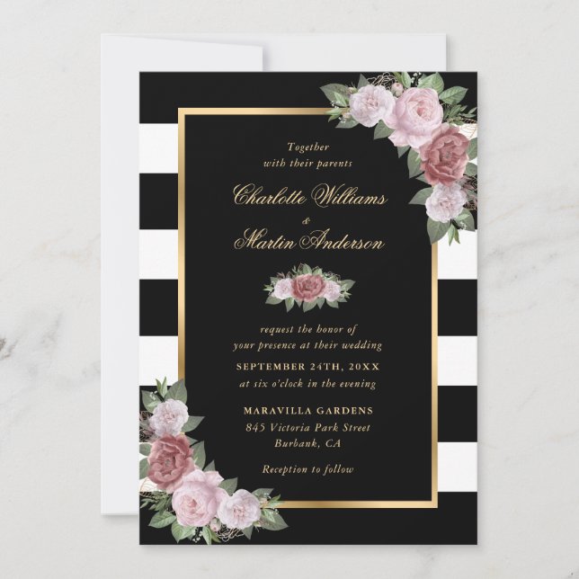 Elegant Black White Gold Blush Pink Floral Wedding Invitation (Front)