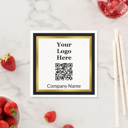 Elegant Black White Gold Company Name Logo QR Code Napkins