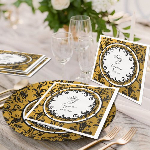 Elegant Black White  Gold Damask Wedding Paper Dinner Napkins