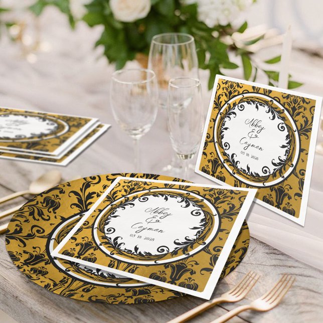 Elegant Black White & Gold Damask Wedding Paper Dinner Napkins (Creator Uploaded)