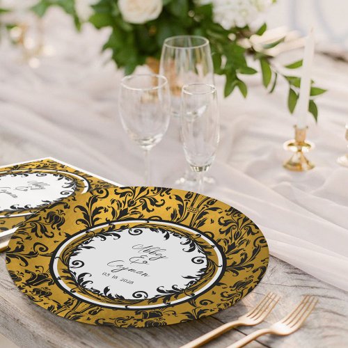 Elegant Black White  Gold Damask Wedding  Paper Plates