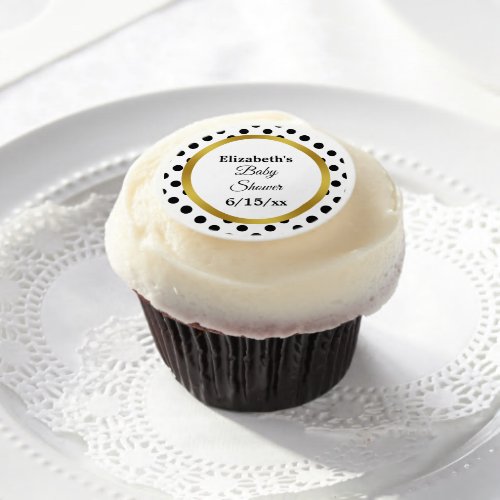 Elegant Black White Gold Dots Script Baby Shower Edible Frosting Rounds