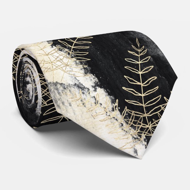 Elegant Black & White Gold Fern Leaf Wedding Neck Tie (Rolled)