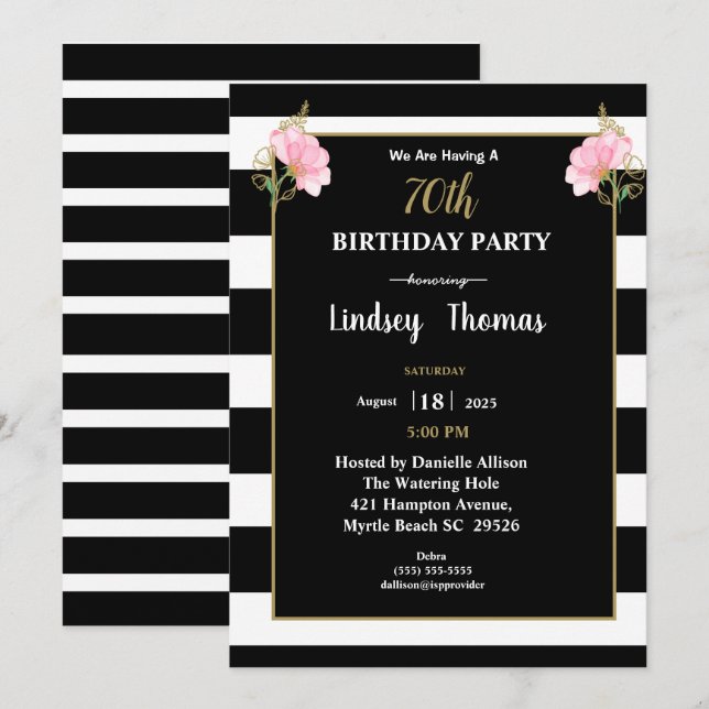 Elegant Black White Gold Floral 70th Birthday Invitation (Front/Back)