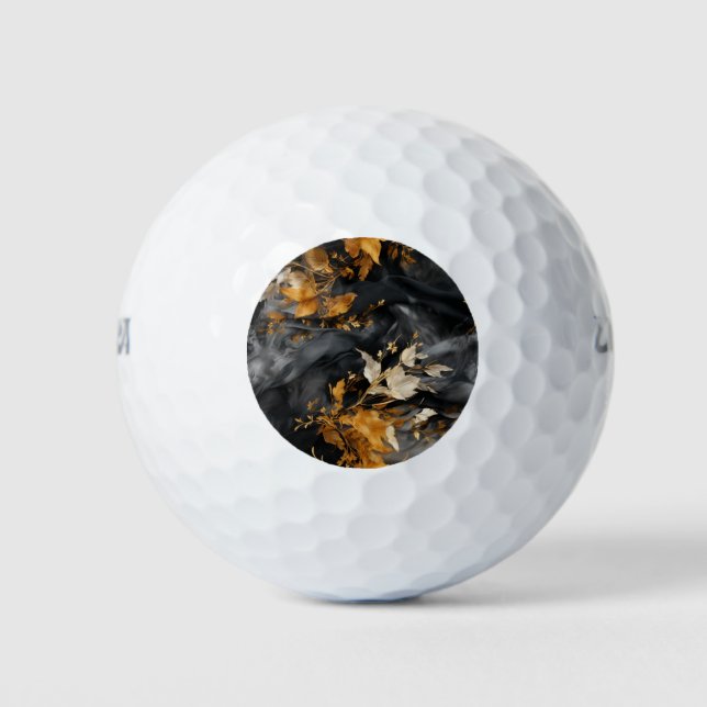 Elegant Black White Gold Floral Repeating Pattern Golf Balls (Front)