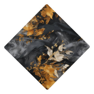 Elegant Black White Gold Floral Repeating Pattern Graduation Cap Topper