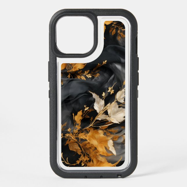 Elegant Black White Gold Floral Repeating Pattern iPhone 15 Case (Back)