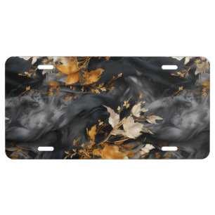 Elegant Black White Gold Floral Repeating Pattern License Plate