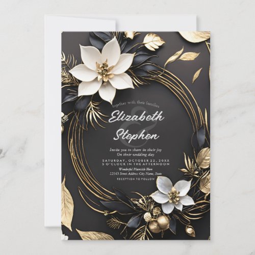 Elegant Black White Gold Floral Wreath Wedding Invitation