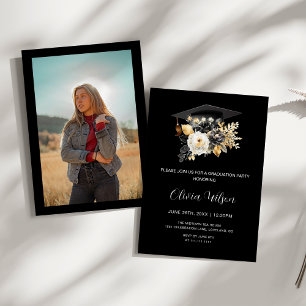 Elegant Black White Gold Flowers Photo Graduation  Invitation