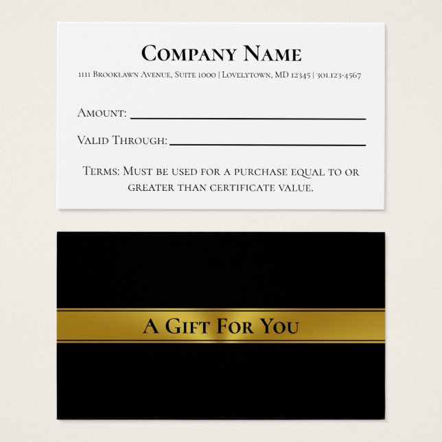 Elegant Black White & Gold Gift Certificate (Front & Back)