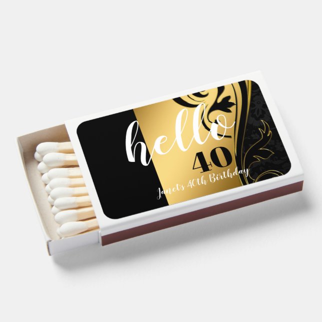 Elegant Black White & Gold Hello 40 Birthday  Matchboxes (Front Open)
