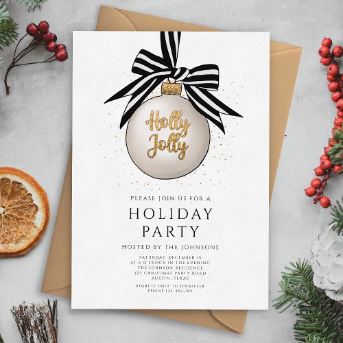 Elegant Black  White Gold Holiday Party Invitation