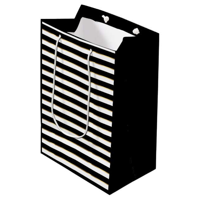 Elegant Black White Gold Horizontal Stripe    Medium Gift Bag (Front Angled)