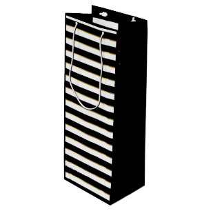 Elegant Black White Gold Horizontal Stripe Wine Gift Bag