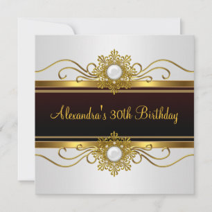 Elegant Black White Gold Jewel 30th Birthday Invitation