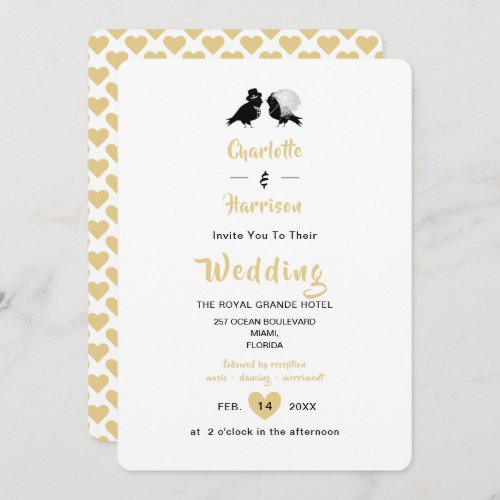 Elegant Black White Gold Love Birds Cute Wedding I Invitation