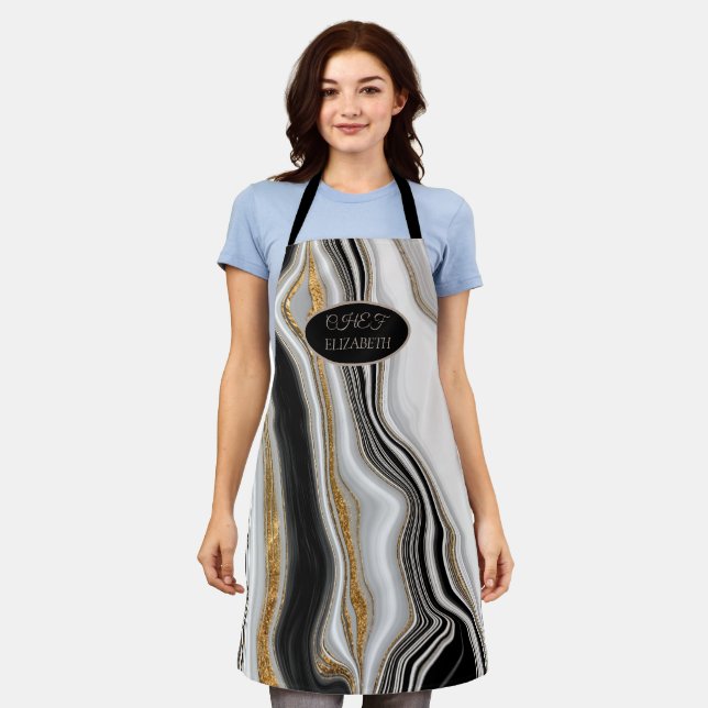 Elegant Black White Gold Marble Apron (Worn)