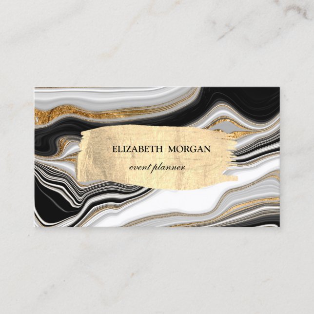 Elegant Black White Gold Marble Brush Stroke Business Card (Front)