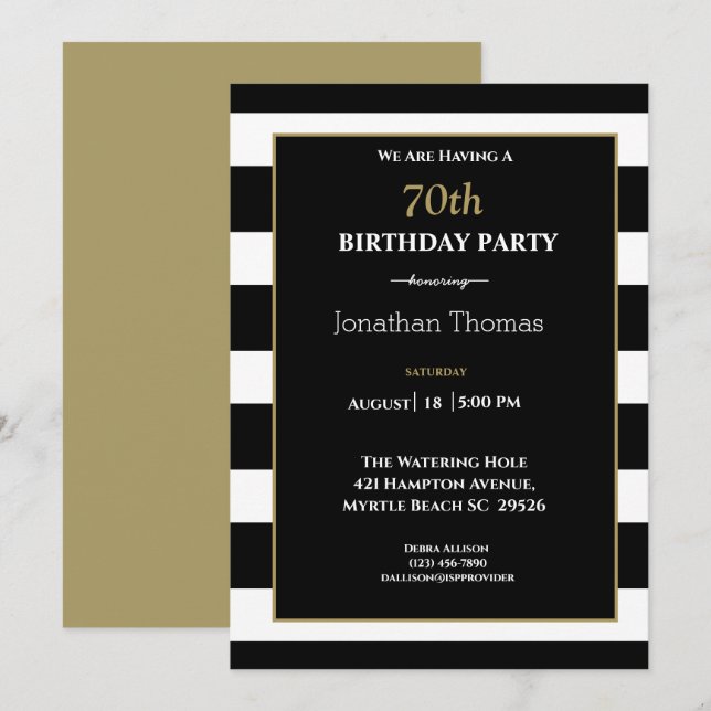 Elegant Black White Gold Mens 70th Birthday   Invitation (Front/Back)