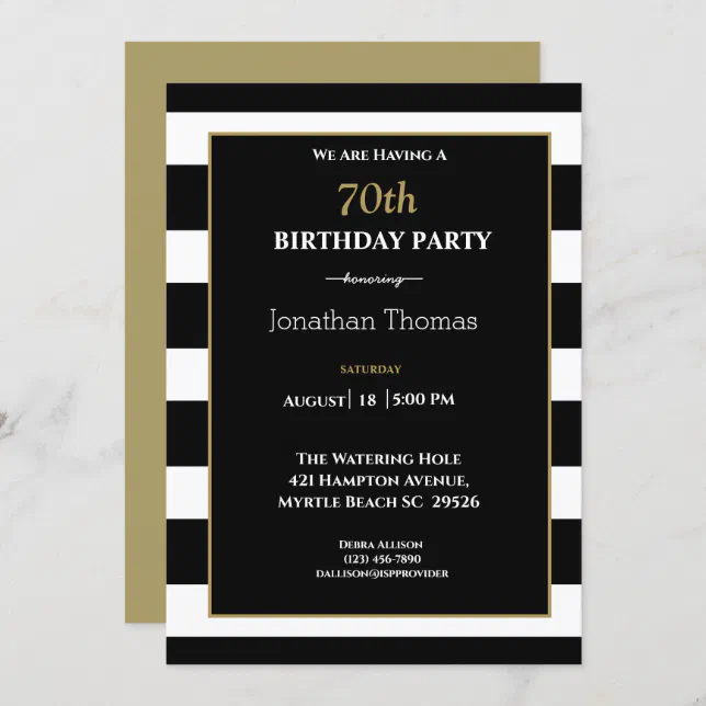 Elegant Black White Gold Mens 70th Birthday Invitation | Zazzle