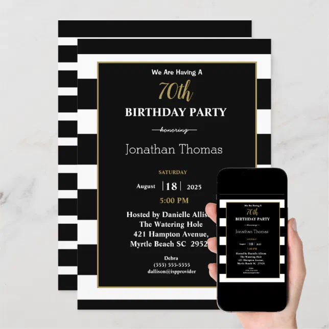Elegant Black White Gold Mens 70th Birthday Invitation | Zazzle