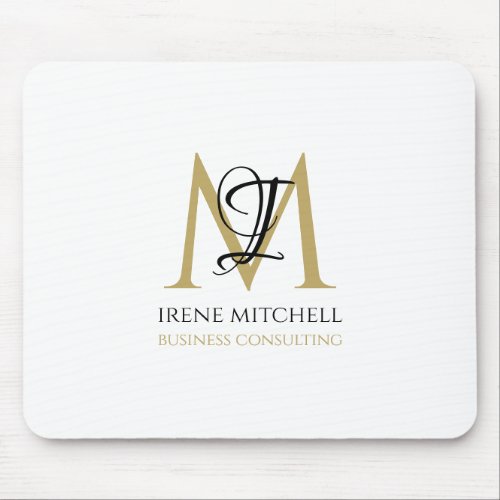 Elegant Black White Gold Modern Monogram Name Mouse Pad