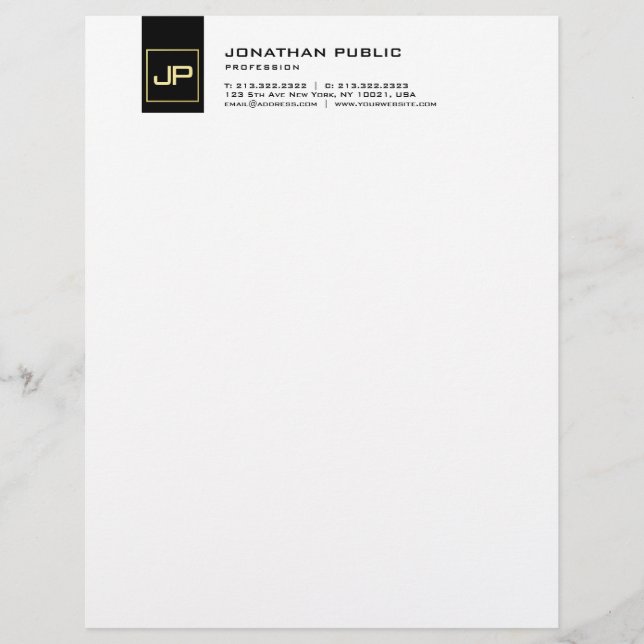 Elegant Black White Gold Monogram Modern Simple Letterhead (Front)