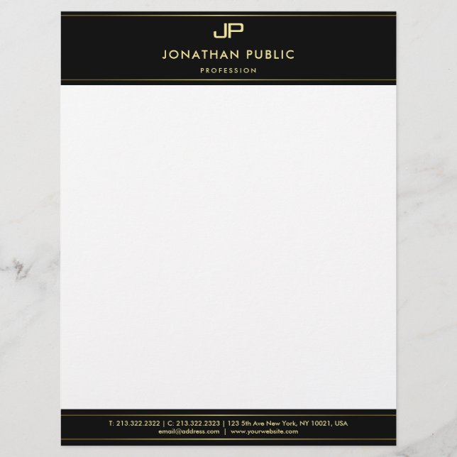 Elegant Black White Gold Monogram Modern Template Letterhead (Front)
