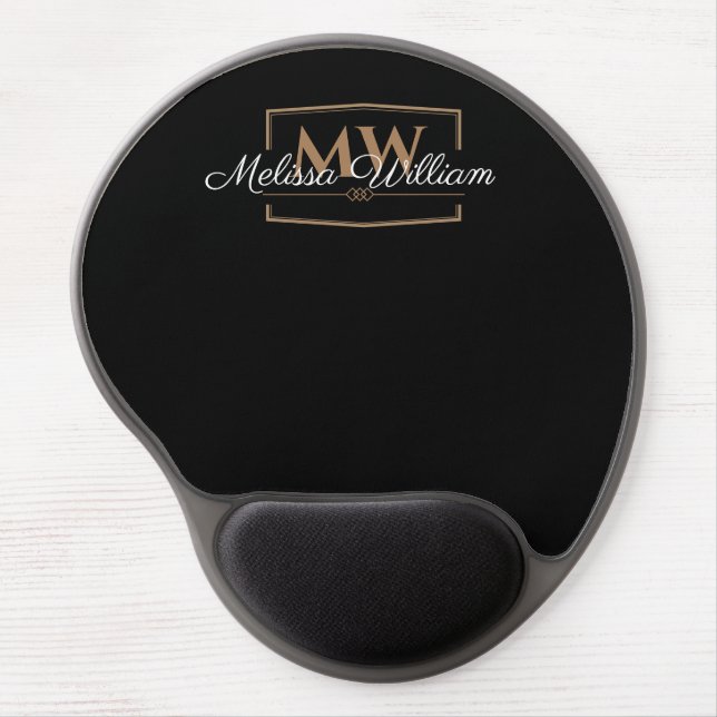 Elegant Black White Gold Monogram Name Script Gel Mouse Pad (Front)