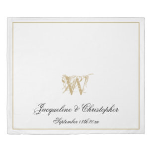 Elegant Black White & Gold Monogram Names Newlywed Duvet Cover