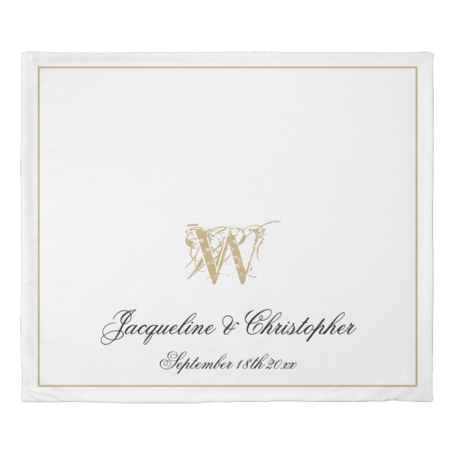 Elegant Black White & Gold Monogram Names Newlywed Duvet Cover (Front)