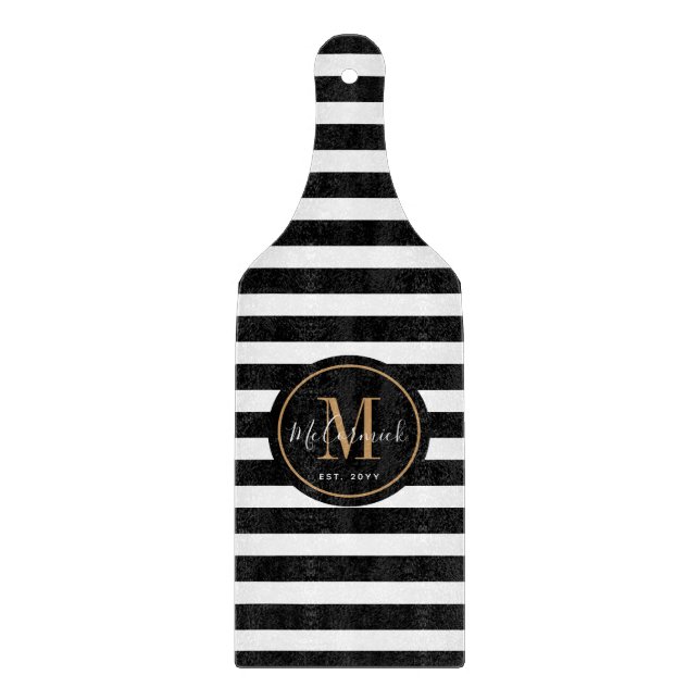 Elegant Black White Gold Monogram Personalized  Cutting Board (Front)