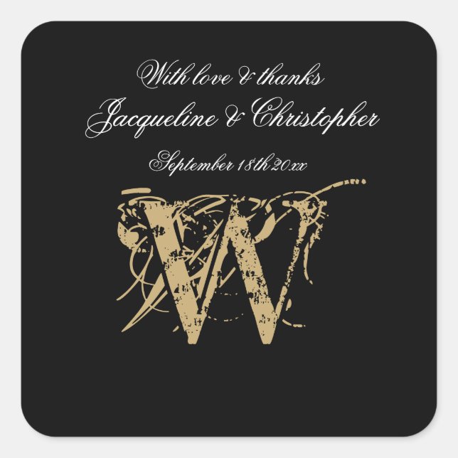 Elegant Black White Gold Monogram Script Name Chic Square Sticker (Front)