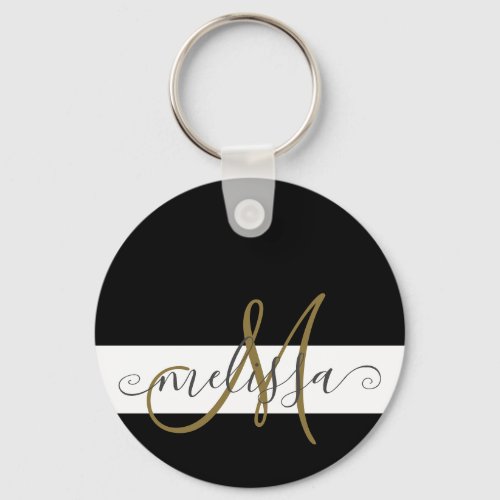 Elegant Black White Gold Monogram Script Name Keychain