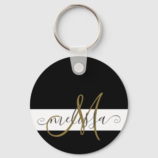 Elegant Black White Gold Monogram Script Name Keychain (Front)