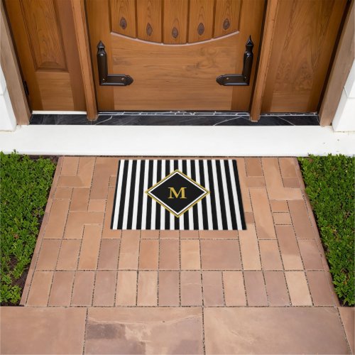 Elegant Black White Gold Monogram Striped Doormat