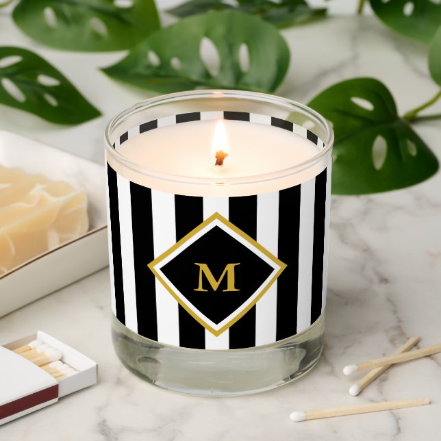 Elegant Black White Gold Monogram Striped Scented Candle (Lit)