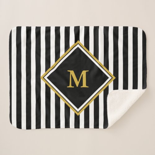 Elegant Black White Gold Monogram Striped Sherpa Blanket