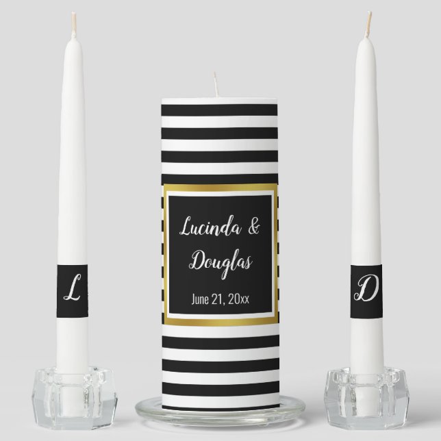 Elegant Black White & Gold Monogrammed Unity Candle Set (Front)