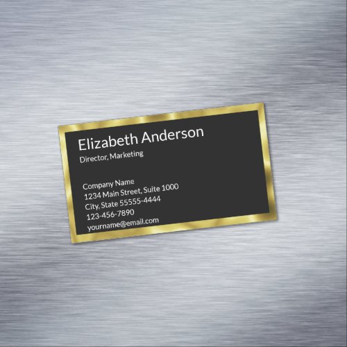 Elegant Black White Gold Name Title Contact Info Business Card Magnet