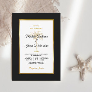 Elegant Black White Gold Palm Tree Modern Wedding Invitation