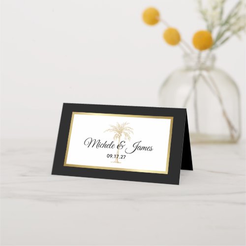 Elegant Black White Gold Palm Tree Modern Wedding Place Card