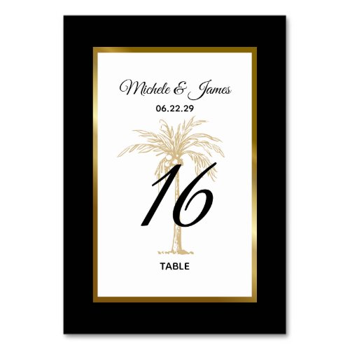 Elegant Black White Gold Palm Tree Modern Wedding Table Number