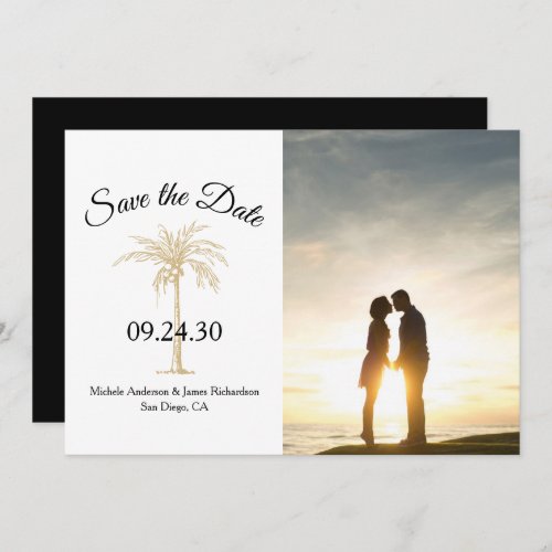 Elegant Black White Gold Palm Tree Wedding Photo Save The Date