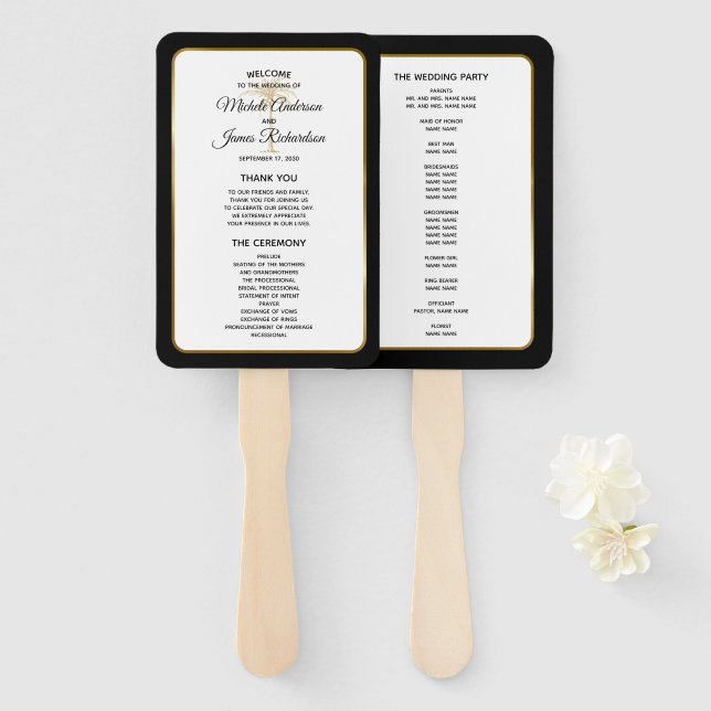 Elegant Black White Gold Palm Tree Wedding Program Hand Fan (Front and Back)