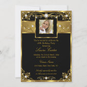 Elegant Black White Gold Pearl Photo Birthday Invitation (Front)